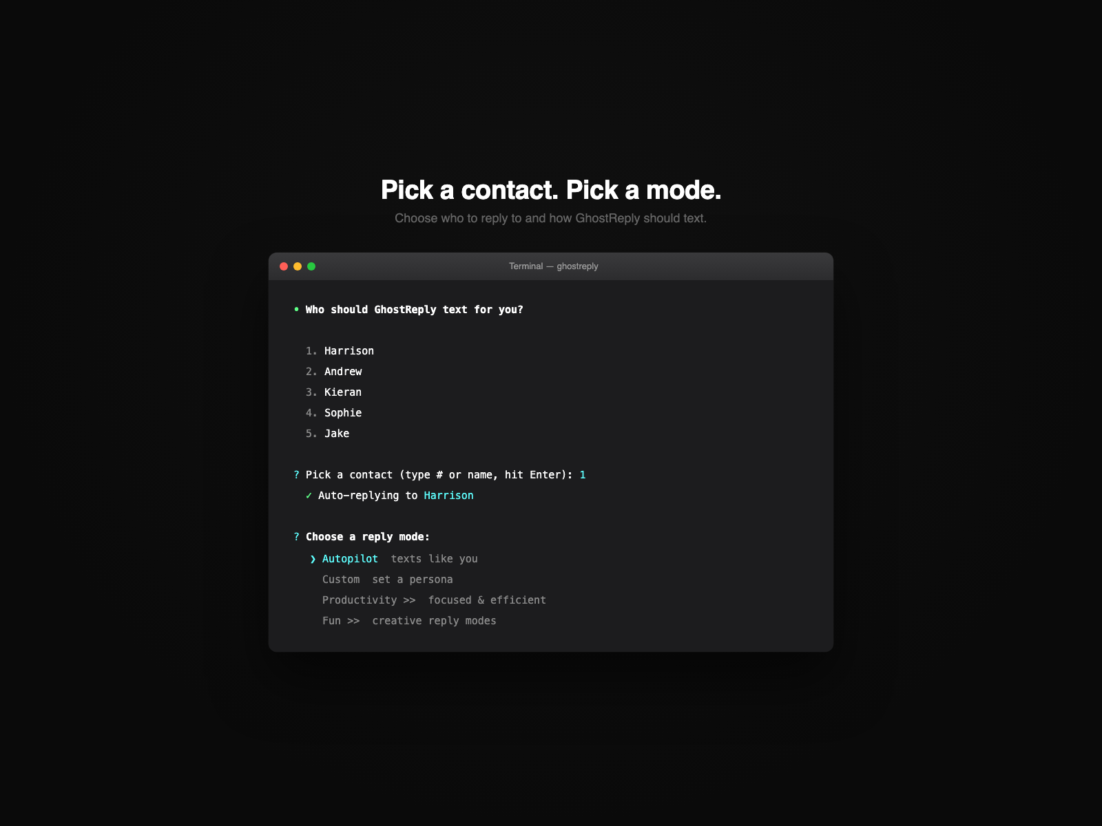 GhostReply contact and mode picker