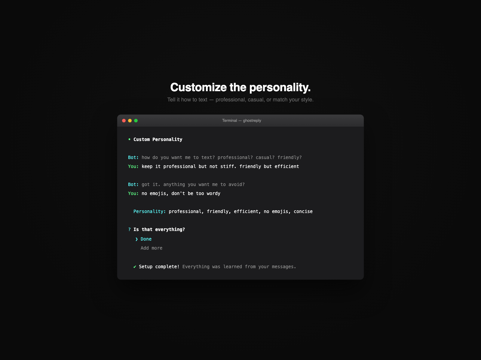 GhostReply personality customization